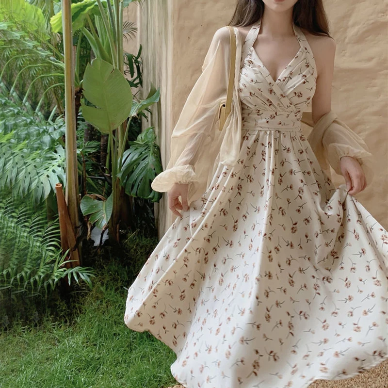 

Summer 2022 Elegant Long Women's Dress V Neck Halter French Floral Vintage Dresses Beach Party Fairy Skirt Chiffon Cardigan Suit