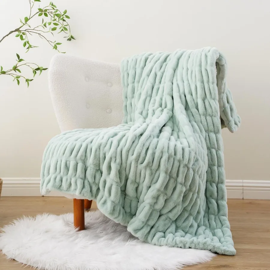 Sage Green Faux Fur Throw Blanket for Bed Super Soft Cozy Mink Fur Blanket Double Side Ruched Rabbit Fur Blanket for Couch Bed