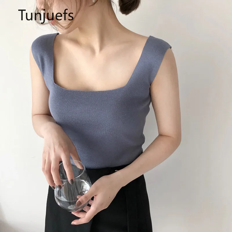 Women Tank Top Coquette Camis Camisole Knit Vest Black Square Collar Collar Crop Top Y2k Solid Shirts Sexy Korea Style Clothes