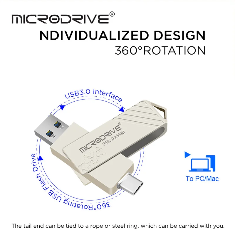 Type-C USB 3.0 2 IN 1 Pen Drive 256GB/128GB/64GB Multi-format Compatible U Disk