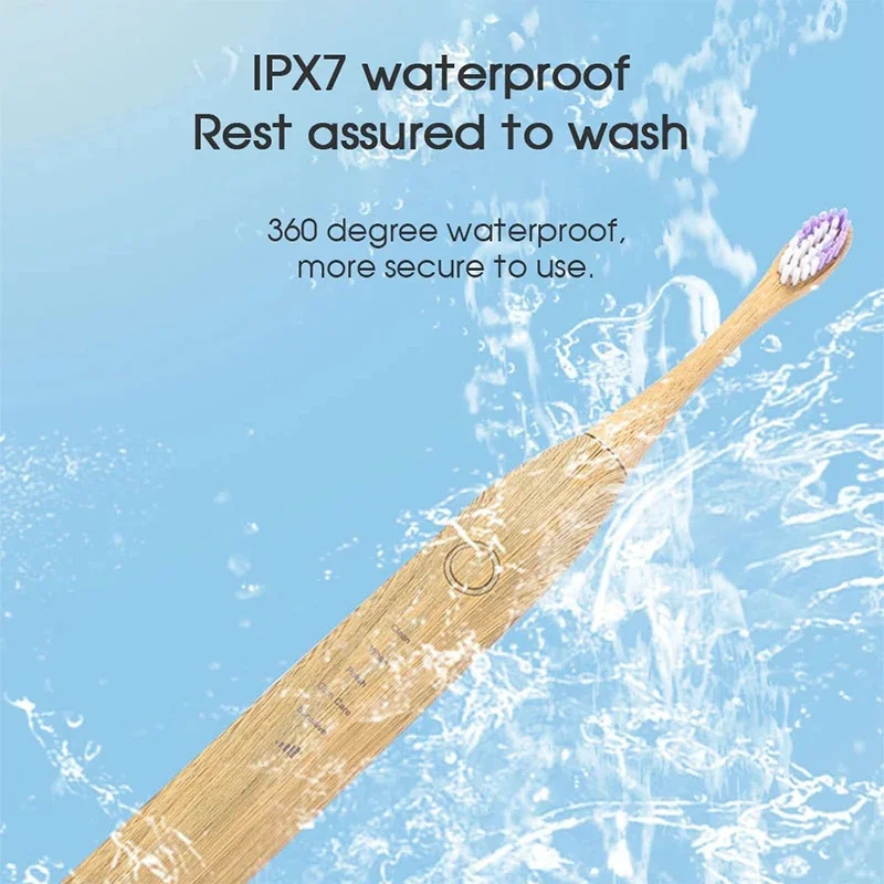 충전식 무선 대나무 음파 전동 칫솔 IPX7, 스마트 구강 위생 청소 헤드
