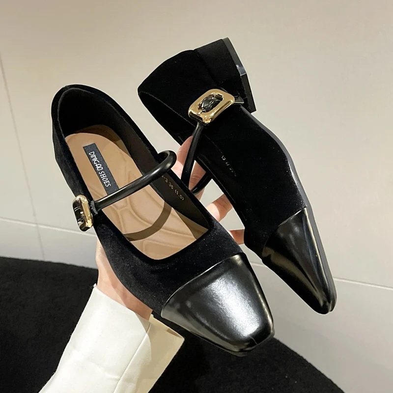 

Luxury Velvet Mary Janes Woman Elegant Almond Toe Buckle Strap Ballet Flats Ladies Low Heel Velour Shoes with Comfort Insole