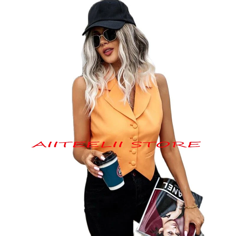 Summer Women's Suit Vest Fashion Casual Orange Vest Sleeveless Jacket Dame Waistcoat Clothes traf dame de l ile