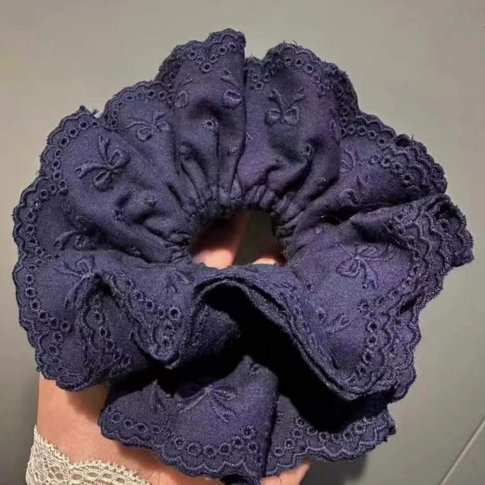 1PC Korean Niche Ballet - Style Navy Blue Bow Cotton Embroidered Chunky Hair Scrunchie, High - End Retro Hair Accessory Hair Tie