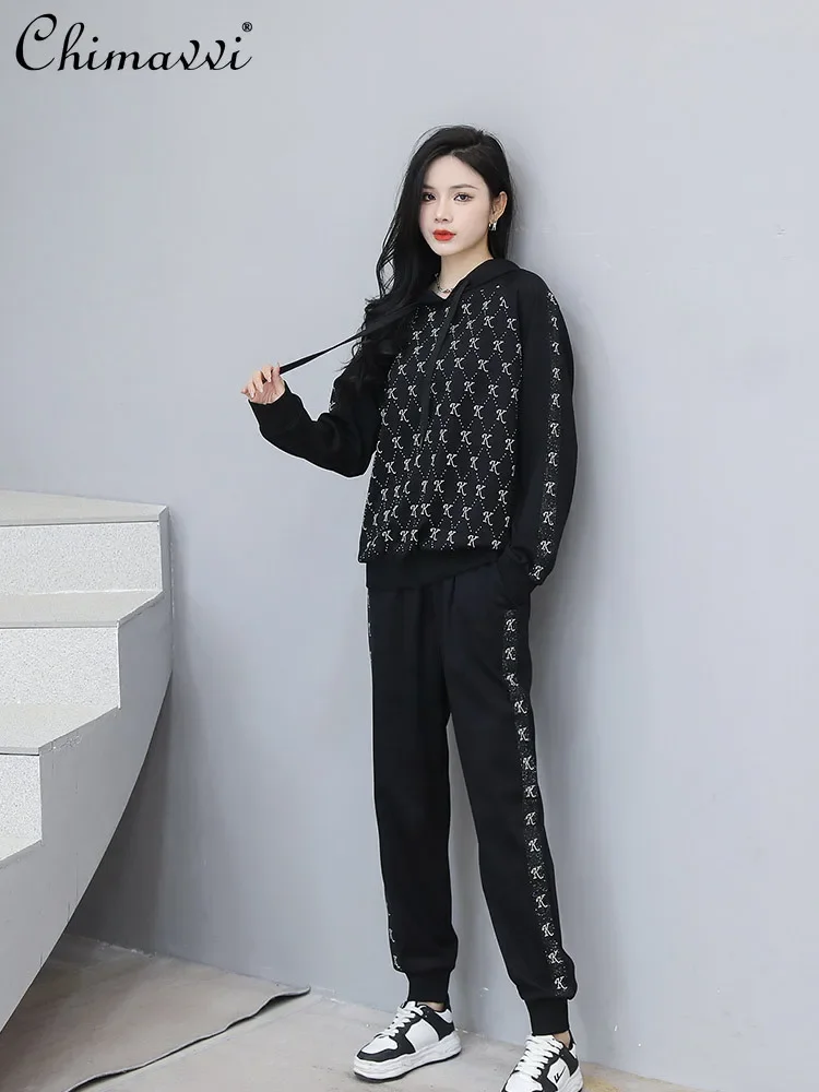 Fashion Suit 2024 Spring High-End Long Sleeve Loose Large Size Pullover Tops Trousers Hot Drilling Casual Ladies Two-Piece Set red professional pantsuits with jackets and pants office uniform ladies business women pant suits female trousers custom made