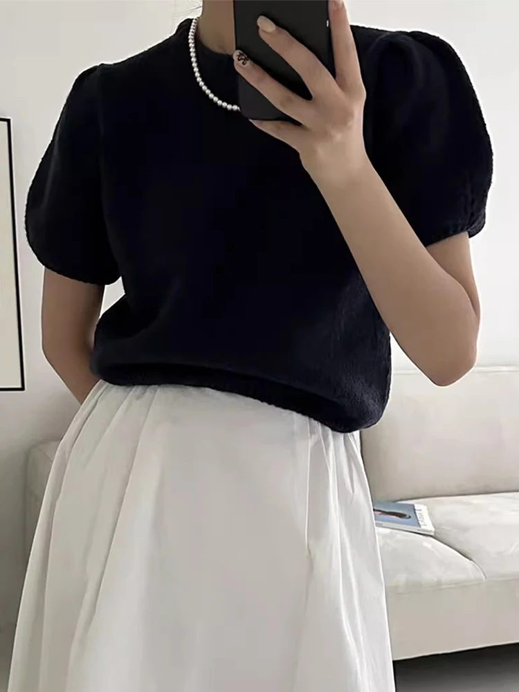 스프링 슬림핏 스웨터 여성용 통근 루즈핏 일반 두께 스프링 어니티 라운드넥 소프트 단색 캐주얼 다용도 슬림핏 버블소매 스웨터 니트 스웨터