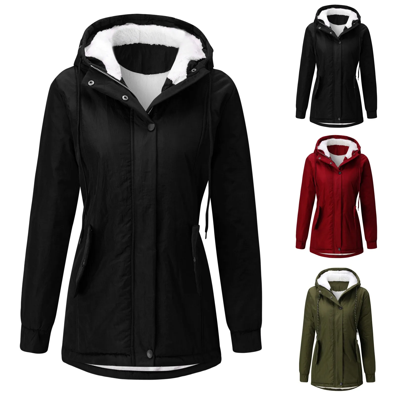 Winter Thick Warm Jacket Women'S Hooded Outwear Lined Overcoat Mid Length Padded Windproof Blazer Solid Ladies Parka Outwear