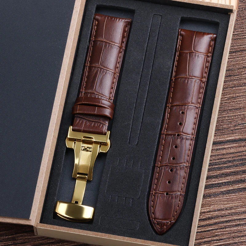 Luxury Genuine Cowhide Leather Watch Strap with Butterfly Clasp and Gift Box