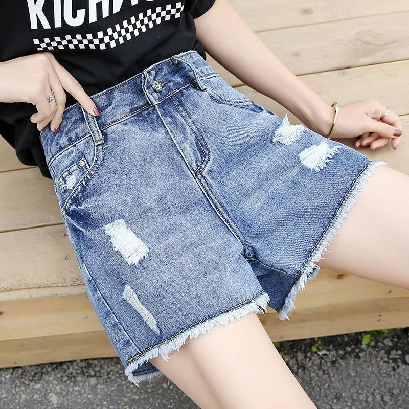 

High Waist Denim Shorts For Women 2023 Summer New Loose A- Line Slim Versatile Ripped Korean Style Hot Shorts Female