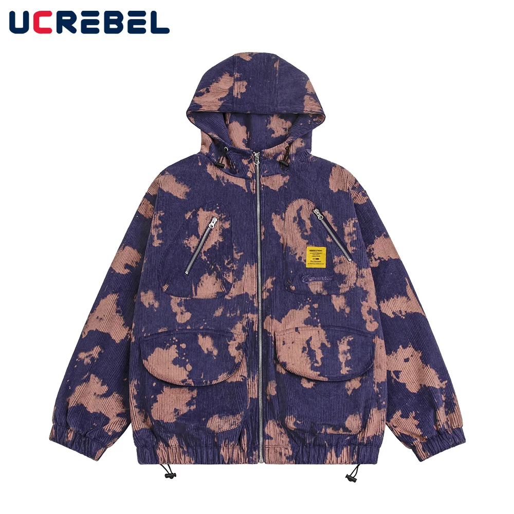 

Tie Dye Corduroy Hooded Jacket Mens Autumn Winter Casual Streetwear Hem Drawstring Jacket Outerwear Men