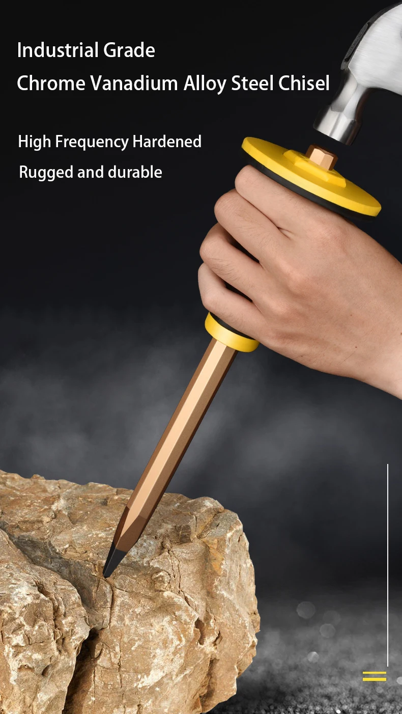 Description Picture 2 of itemFlat Head Pointed Chisel Stonemason Chisel Hand Guard Chisel Carving Knife Tungsten Alloy Steel Stone Breaking Tool Hand Tools