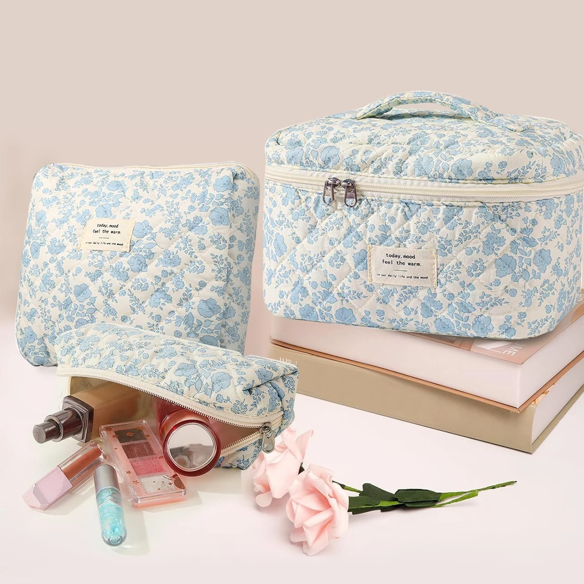 YANZAI 3 Pcs Cotton Quilted Makeup Bag Set, Floral Cotton Cosmetic Bag, Aesthetic Women's Large Capacity Toiletry Organizer 3