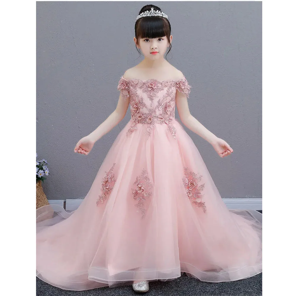 

Elegant Long Trailing Kids First Communion Dresses Shoulderless Ball Gown Flower Girl Dresses for Weddings Princess Vestidos