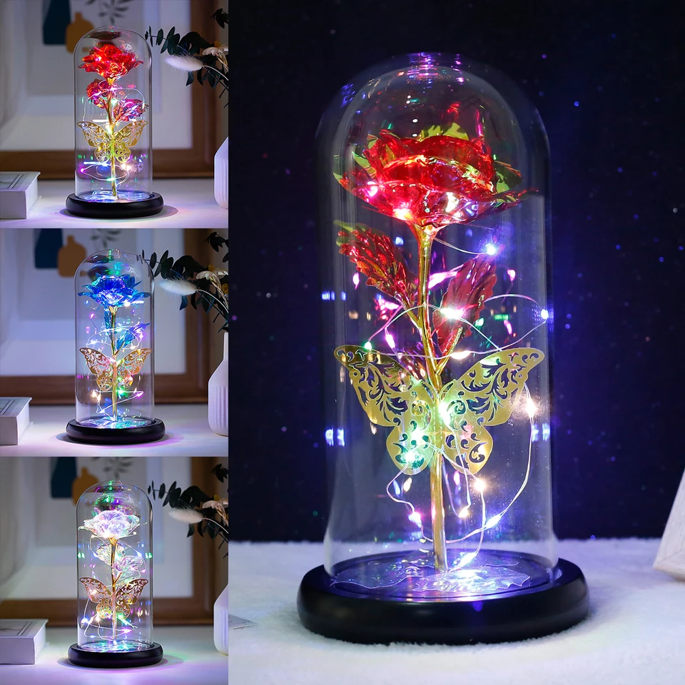 Rose Éternelle Sous Dôme En Verre – Galaxy Butterfly Lumineux – Cadeau Fête Des Mères, Anniversaire