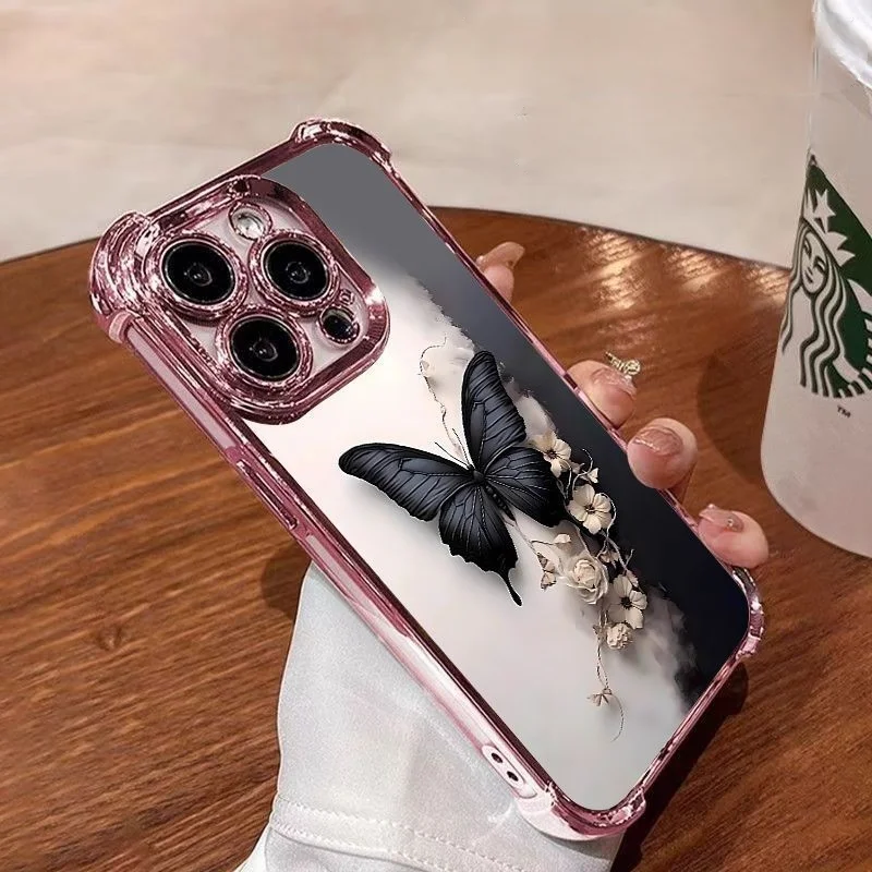 High Quality Black Butterfly Plating Phone Case with Anti-Fall Airbag Protection