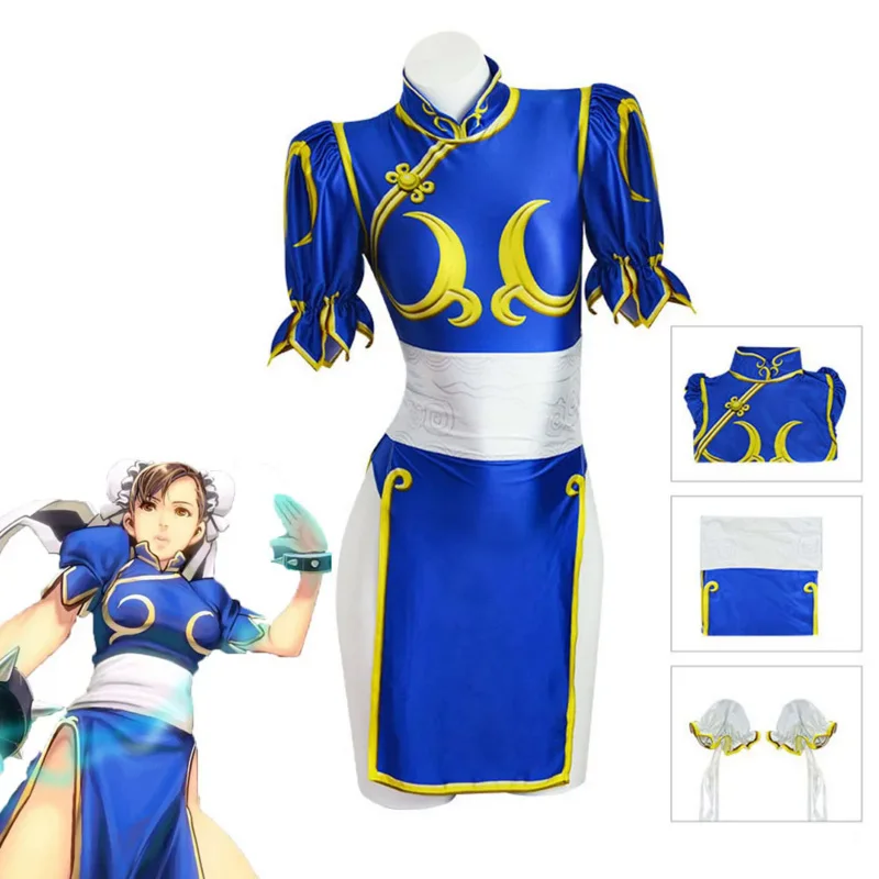 

Halloween shiny glossy satin cheongsam body suit Japanese anime Street F-fiertering cosplay STICLI skirt sexy costume roleplay