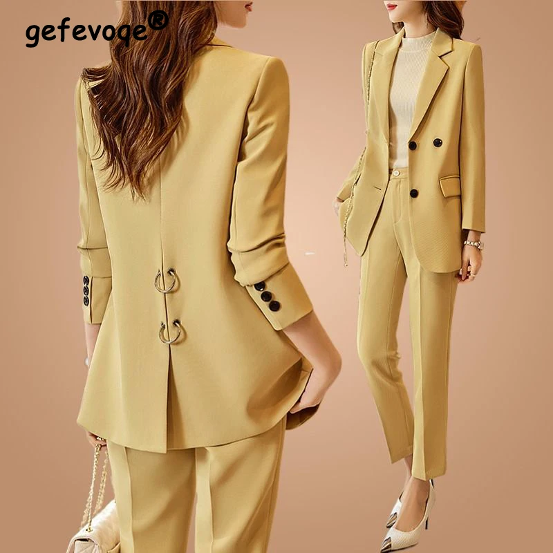 Two Piece Set for Women Korean Fashion Office Lady Business Casual Suits Elegant Chic Blazer Jacket High Waist Straight Pants
