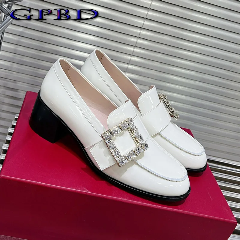 

GPBD Best Quality Diamond Buckle High Heel Loafers For Women Lacquer leather Rhinestones Designer Women's Real Leather Shoes