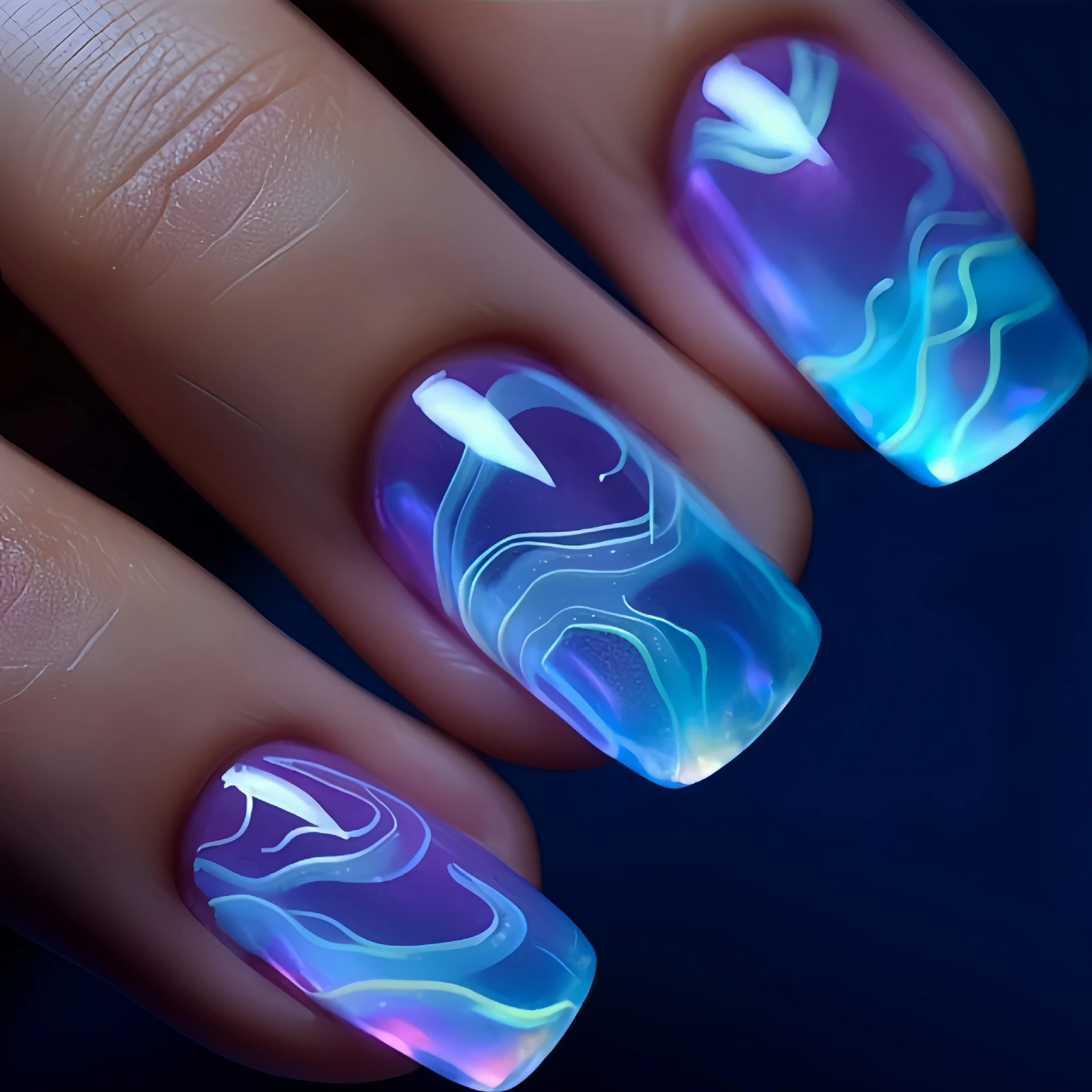 24pcs/set short Square fake nails Fashion geometric Blue Ocean Wave aurora glitter flowers cat eyes press on false nail art kit