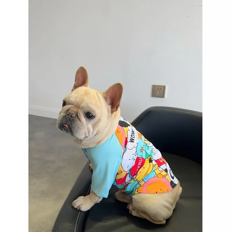 

Модный летний жилет для собак, мультяшная футболка, одежда, французский Бульдог для маленьких и средних собак, костюм для Йорка, мопса, корги, щенка, LAC67