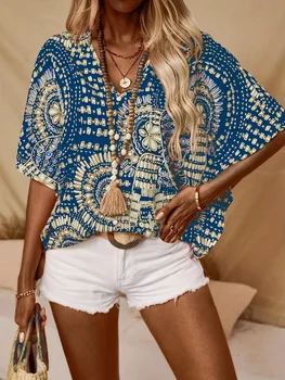 Plus Size 1XL-5XL Women's Fashion Print V-Neck Batwing Sleeve Blouse Top Ladies Casual Short Sleeve Summer Shirt Tops