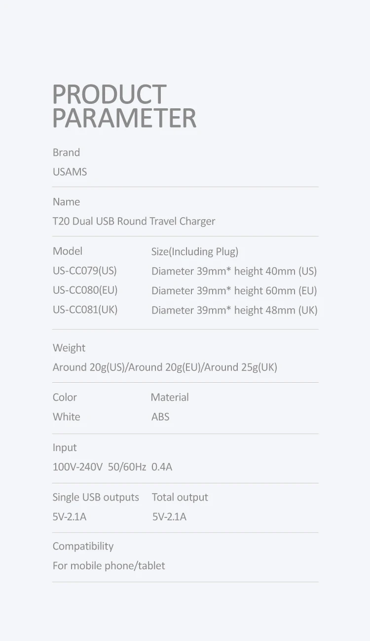 5v 1a usb USAMS 5V 2.1A Mini Round US EU UK Plug Dual Ports Phone Charger For iPhone iPad Samsung Xiaomi Basic Charge Travel Charger 65w charger phone