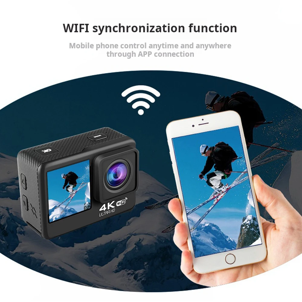 액션캠 4k WIFI 듀얼 스크린 손떨림 방지 170° 광각 렌즈 방수 터치 스크린 스포츠 카메라(리모컨 포함)