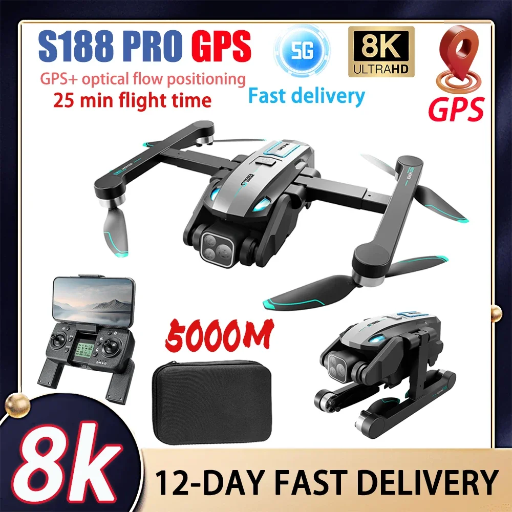 S188 GPS FPV 5G Drone 8K HD Triple Camera Optical Flow Positioning Obstacle Avoidance Brushless Foldable RC Quadcopter Dron drone quadcopter