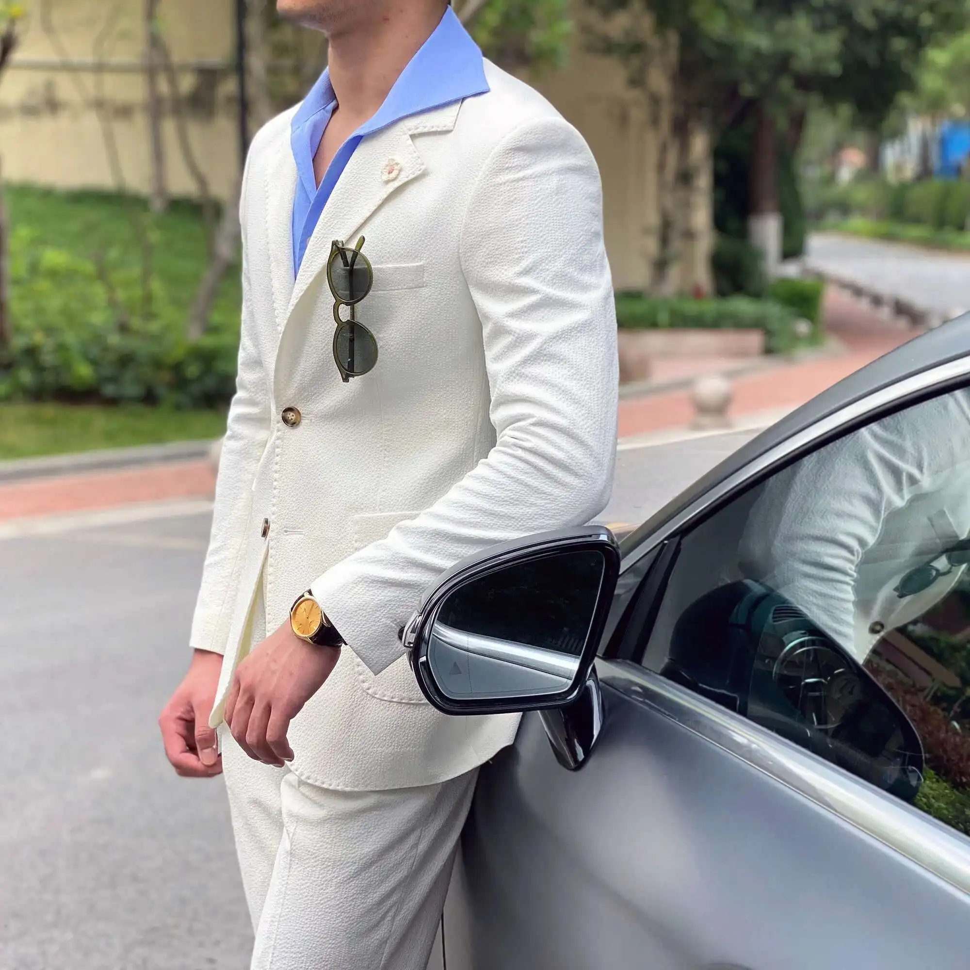 New Summer Seersucker Suit Men Italian Style British Slim Fit Casual White Suit Trendy Man Smoking Homme Mariage Men Tuxedo
