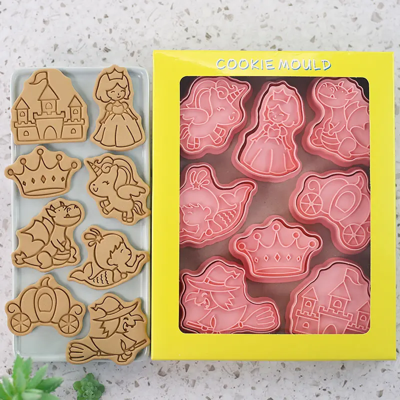 Cookie Cutter 8 Pcs/set Fairy Tales Plastic 3D Castle Witch Pressable Biscuit Mold Cookie Stamp Kitchen Baking Pastry Bakeware
