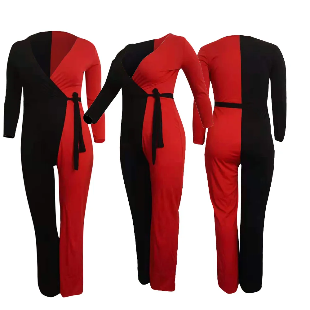 Plus Size Women 5xl Jumpsuits Patchwork One Piece Outfit Fashion V Neck Belt Jumpsuit 2022 Autumn Wide Leg Pants Wholesale