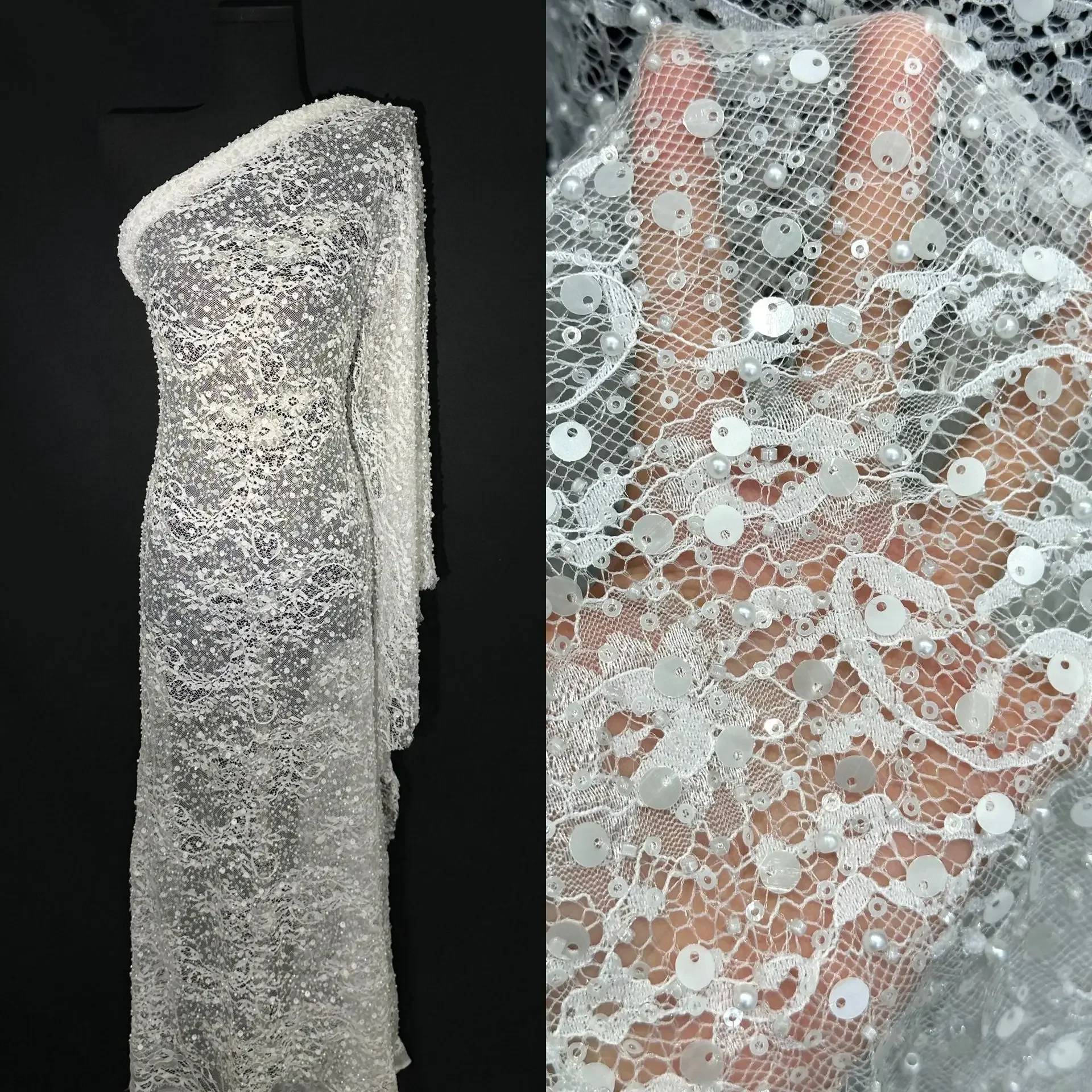 Three-dimensional Hollow Bottom Mesh Embroidery Pearl Beads Lace Fabric
