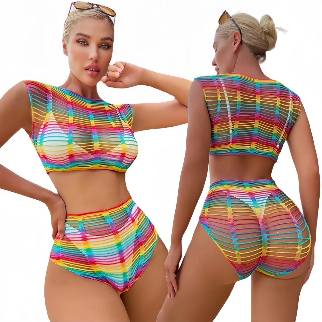 Sexy Rainbow Bikini Beach Cover Net Bodystockings Women Elastic Underwear Mesh Hot Lingerie Full Bodysuits Costumes Erotic Set 1
