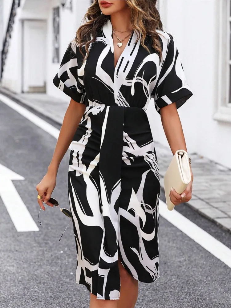 Summer Fashion Patterns Printed Short Sleeve Midi Dress Elegant