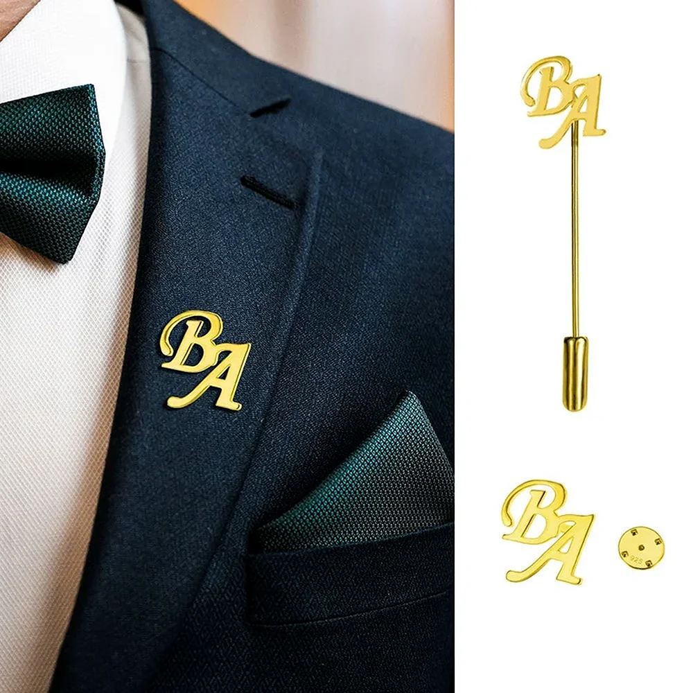 thumbnail image 2 of Pines de insignia personalizados para hombres, broches con letras de nombre personalizadas, broches de aguja largos de acero inoxidable dorado, joyería, regalo de boda para fiesta, 2 of 5