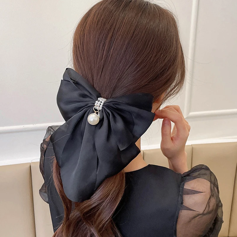 New Oversize Bowknot Pearl Barrettes Net Yarn Hairpins Women Houndstooth Hair Clips Ribbon Hair Clips Ponytail Hair Accessories flower hair clips