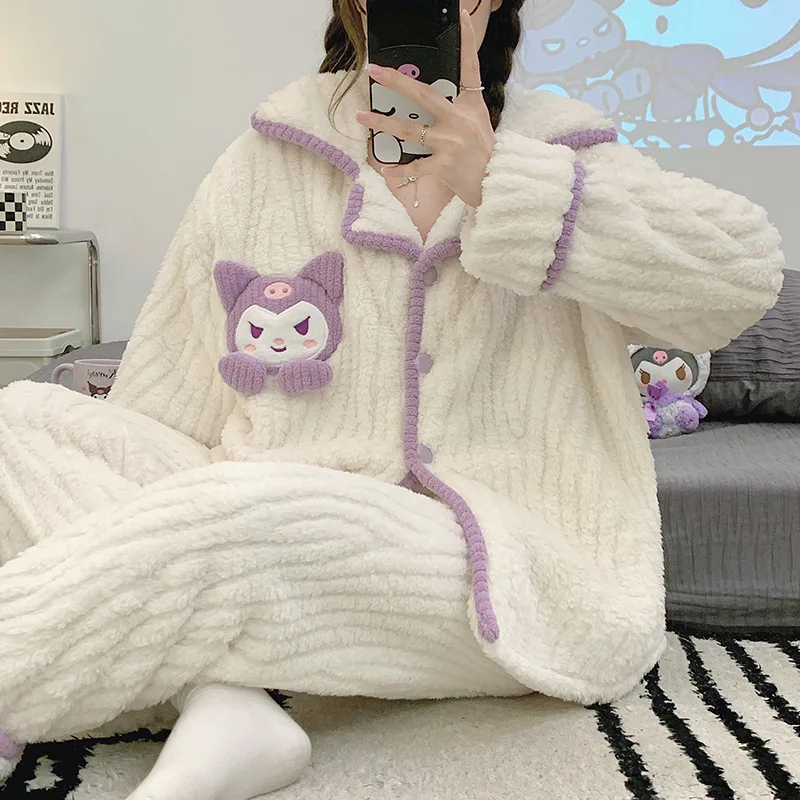 

Sanrio Kawaii Anime Kuromi Pajamas Coral Velvet Girls Autumn Winter New Thickened Long-Sleeved Student Outer Wear Home Clothe
