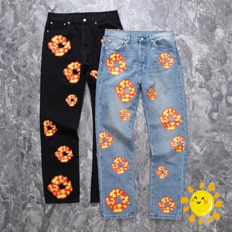 

Washed Flame Inlaid Kapok DENIM TEARS Jeans Men Women 1:1 Best Quality Oversized Heavy Fabric Denim Trouser