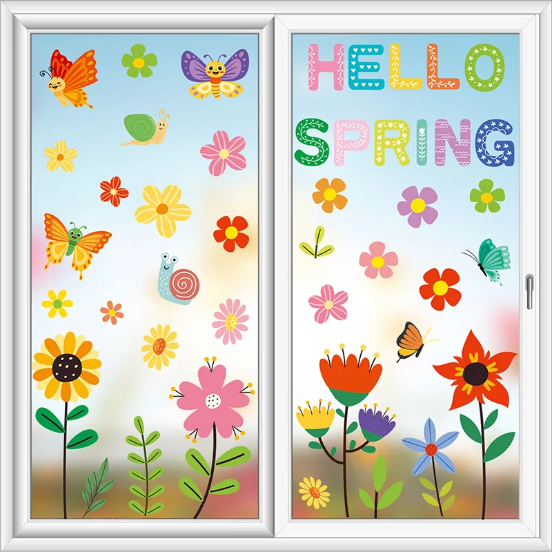 Spring Window Clings Tulip Flower Butterfly Hummingbird Double-Sided Removable Static Spring Window Stickers Decals 9 Sheets