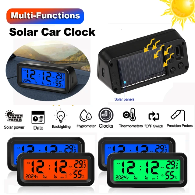 Solar Car Digital Clock Date Week Temperature Humidity LCD Backlit Display for Dashboard Car Clock Automobiles Internal Stick-On 1