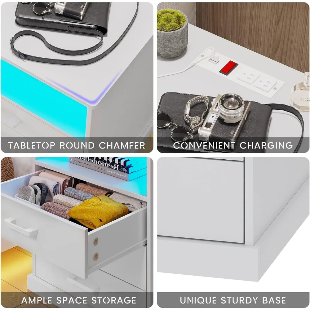 Nightstand with Charging Station and LED Lights, Large Bedside Table with 3 Storage Drawer, White Night Stand for Bedroom 6
