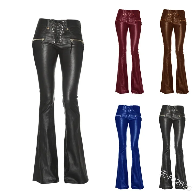 2023 New Women Leather Pants Punk Rock Sexy Bandage Motorcycle Leather Pants Tight High-waist Lace Up Bodycon Flare Trousers womengaga sexy high waist hip tight slim stretch peach hip small foot pencil jeans trousers hot sexy korean women sv6j