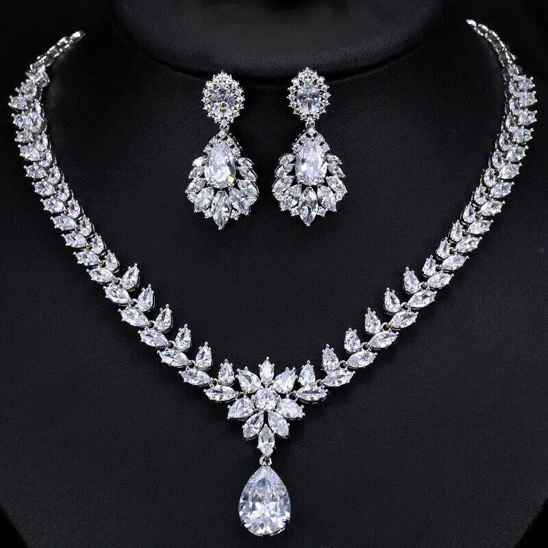 

CWWZircons Water Drop Big Earrings Necklace Set Cubic Zirconia Wedding Jewelry