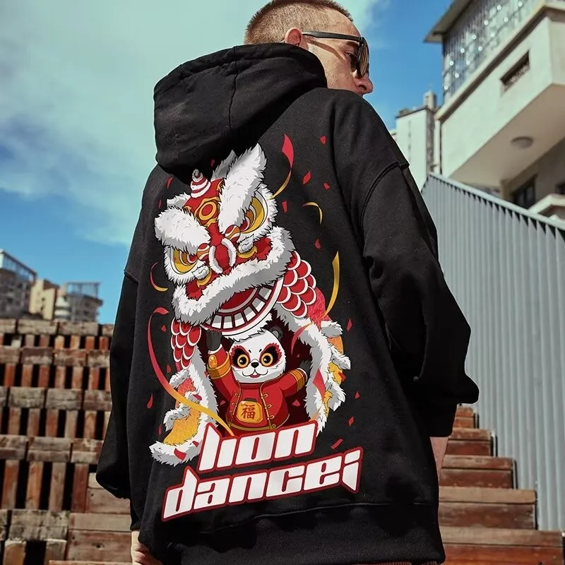 M-8XL Moletom com capuz da moda americana China-Chic Element Giant Panda Estampado solto e quente moletom com capuz