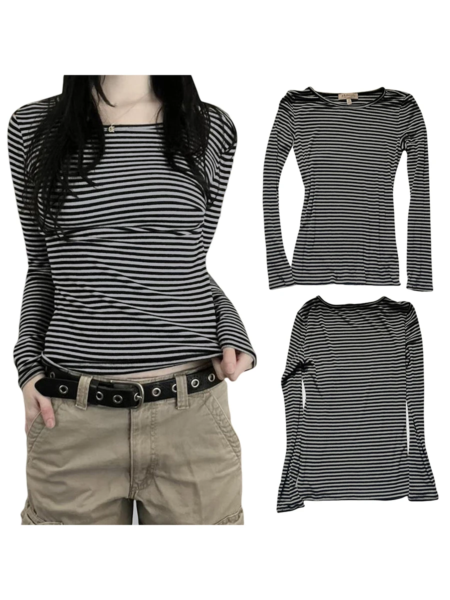 Long Sleeve Shirts for Women Fashion Casual Basic Crew Neck Striped Slim Fit T-shirt Going Out Blouses Y2K Vintage Tight Shirts 4