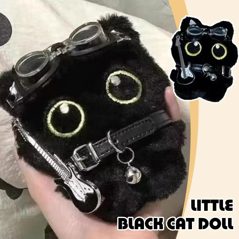Black Cat Doll Pendant Punk Cute Rock Collar Guitar Plush Toy Holiday Birthday Gift Baby Pendant Keychain 15cm