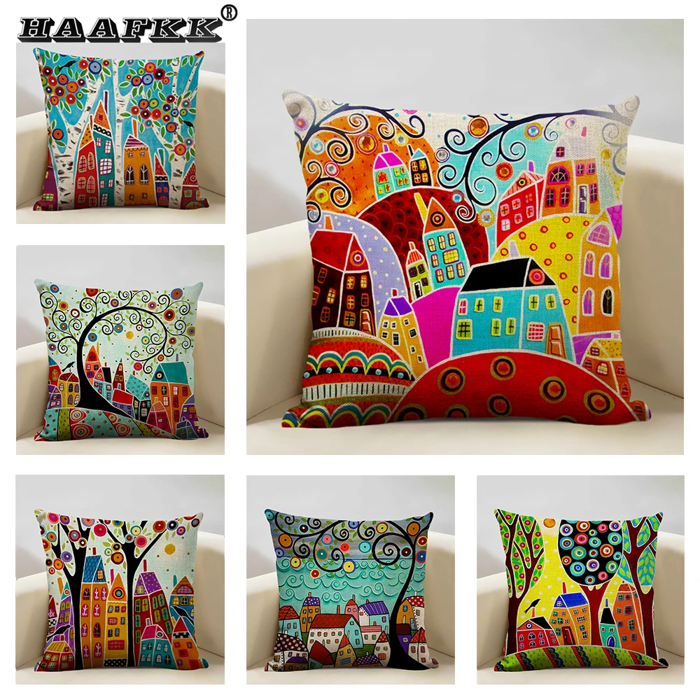 

Hand-Painted Retro Rural Color Cities 45*45cm Cushion Cover Linen Throw Pillow Car Home Decoration Decorative Pillowcase