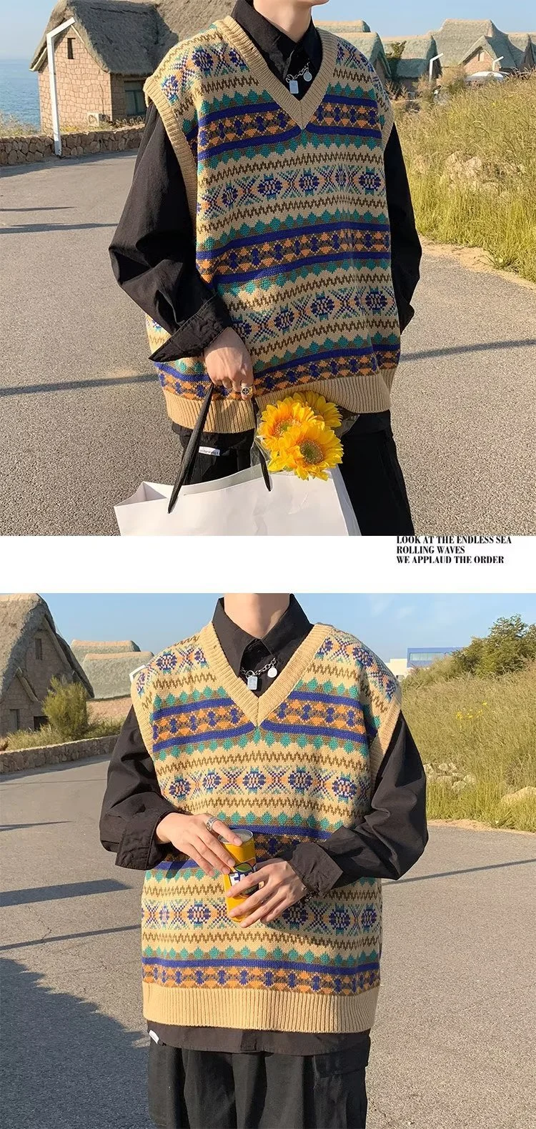 Description Picture 6 of itemRetro V-neck Spring Autumn Knitted Lazy Hong Kong Style Loose Outdoor Wear Sleeveless Cover Head Woolen Vest Men