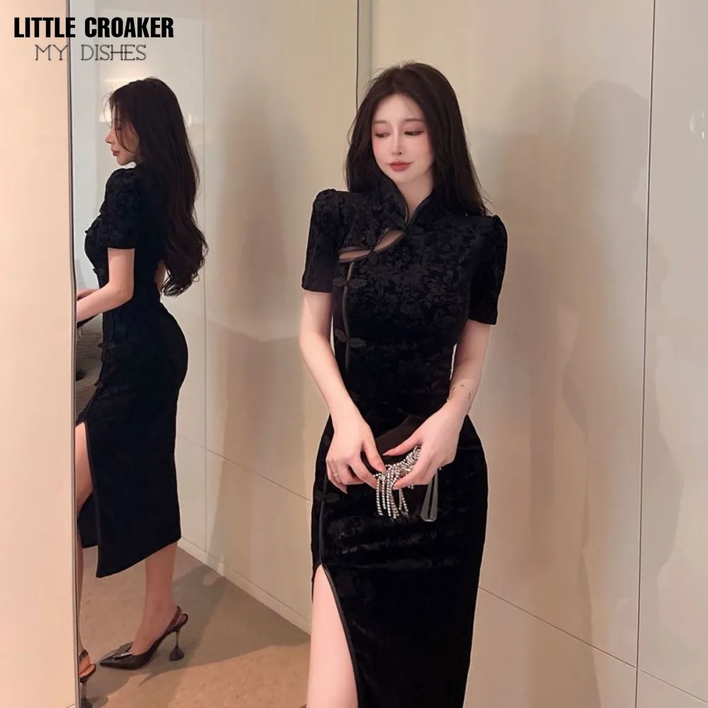 Women High End and Unique Design Bone Etched Chinese Dark Black Retro Embossed Velvet Young Girl\'s Improved Cheongsam Dress