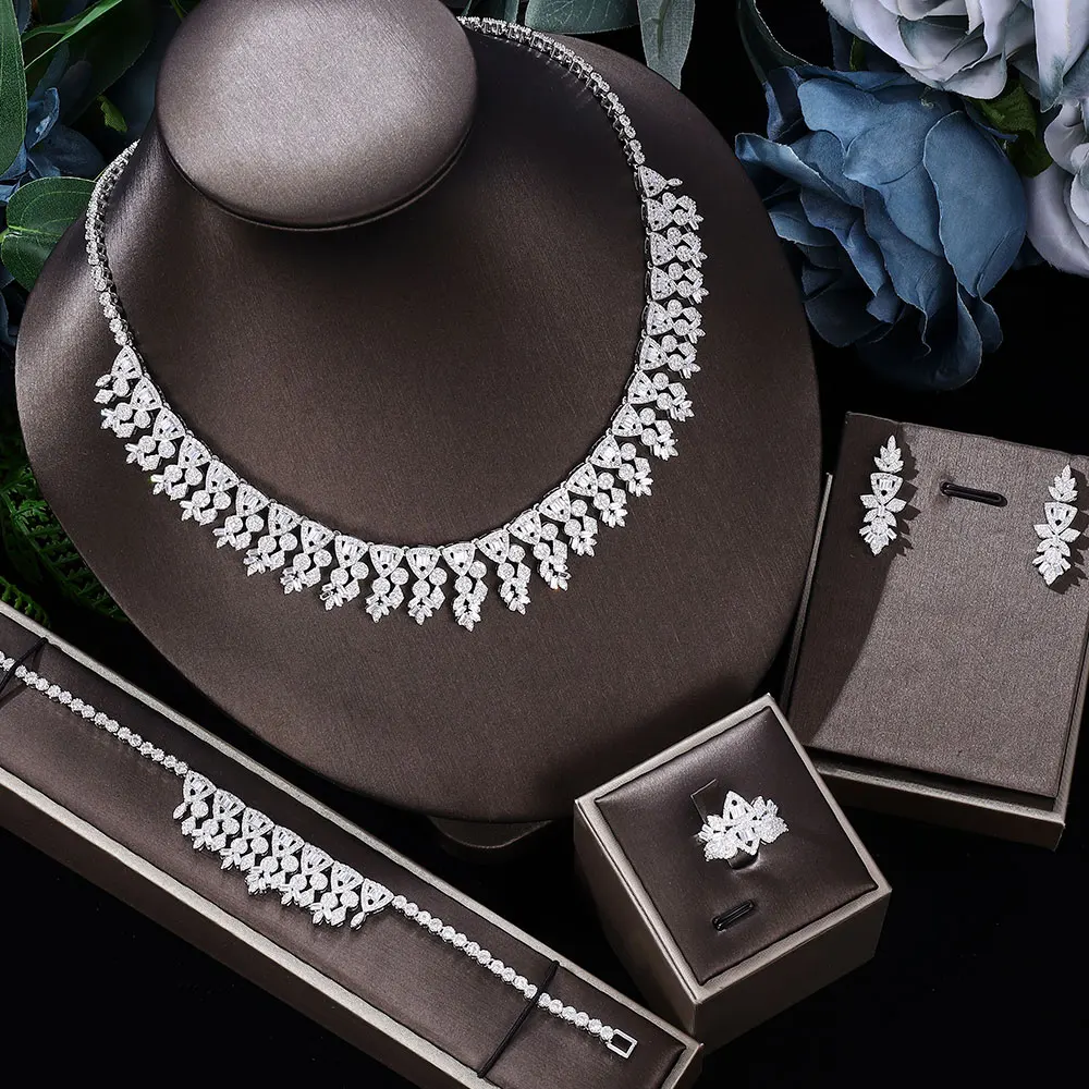 

4pcs Bridal Zirconia Full Jewelry Sets For Women Party, Luxury Dubai Nigeria CZ Crystal Wedding necklace sets